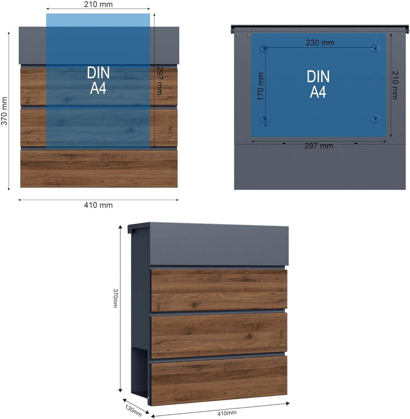 Toboli Briefkasten V63 Anthrazit und Holzdesign 410 x 130 x 370 mm, Wandbriefkasten mit Schloss, Sof