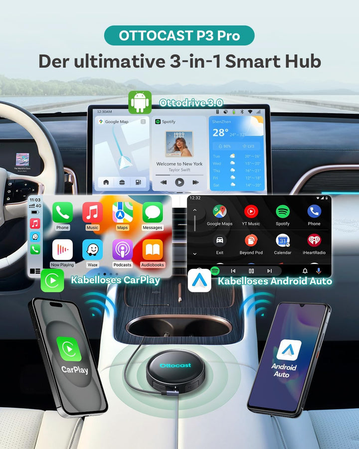 (2026 Neu) OTTOCAST P3 Pro CarPlay AI Box, 3-in-1 Wireless CarPlay & Android Auto Adapter mit HDMI-A