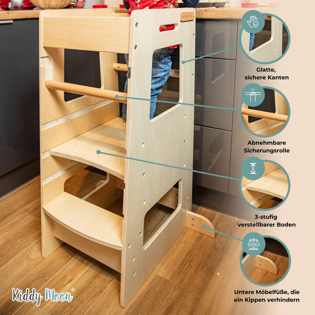 KiddyMoon Lernturm Für Kinder Ab 1 Jahr, Anti Kipp Schutz, Höhenverstellbar (3-Stufiger), Montessori
