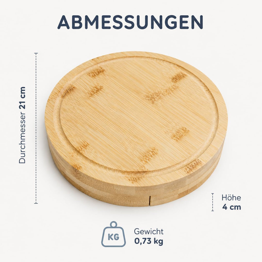 CUQOO Käsebrett-Set mit rundem Holzbrett mit integriertem herausziehbarem Messerfach, 3 Edelstahlmes