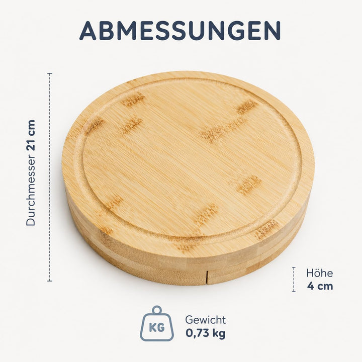 CUQOO Käsebrett-Set mit rundem Holzbrett mit integriertem herausziehbarem Messerfach, 3 Edelstahlmes