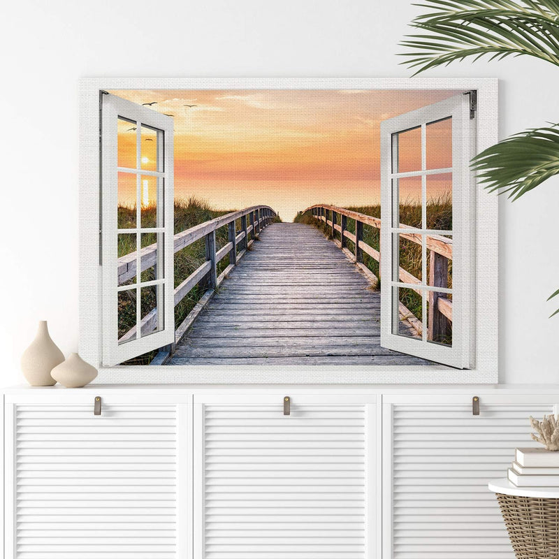 PICANOVA – Bild auf Leinwand Holzweg zum Meer Fenster 80x60cm – Leinwandbild – Premium Leinwanddruck