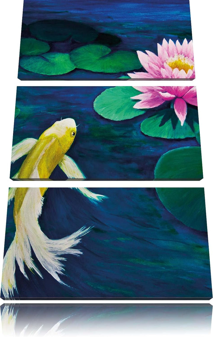 Pixxprint Koi mit Seerose Kunst als Leinwandbild - Grösse: 3-Teilig (120x80cm) - Wandbild - Kunstdru