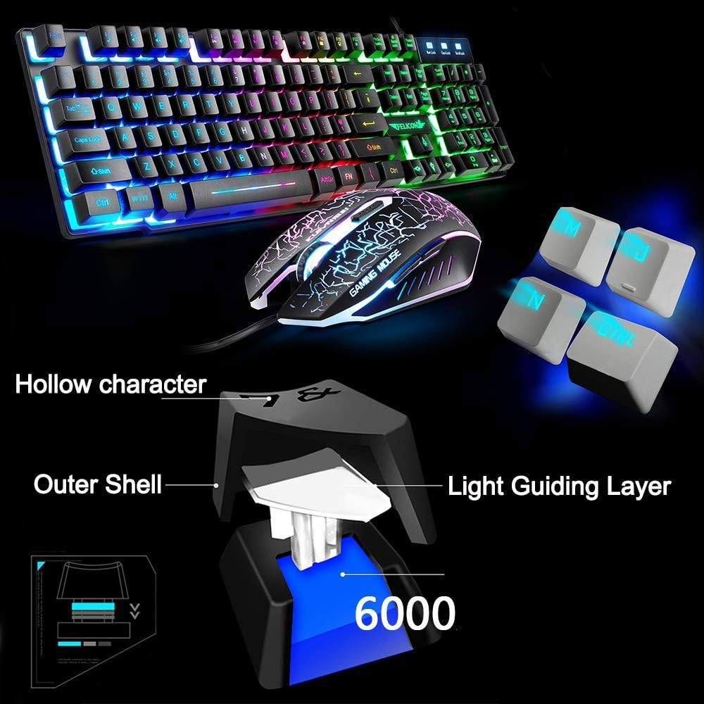 UK Layout Gaming-Tastatur und -Maus Sets Rainbow Backlit Ergonomische USB-Gaming-Tastatur 2400 DPI 6
