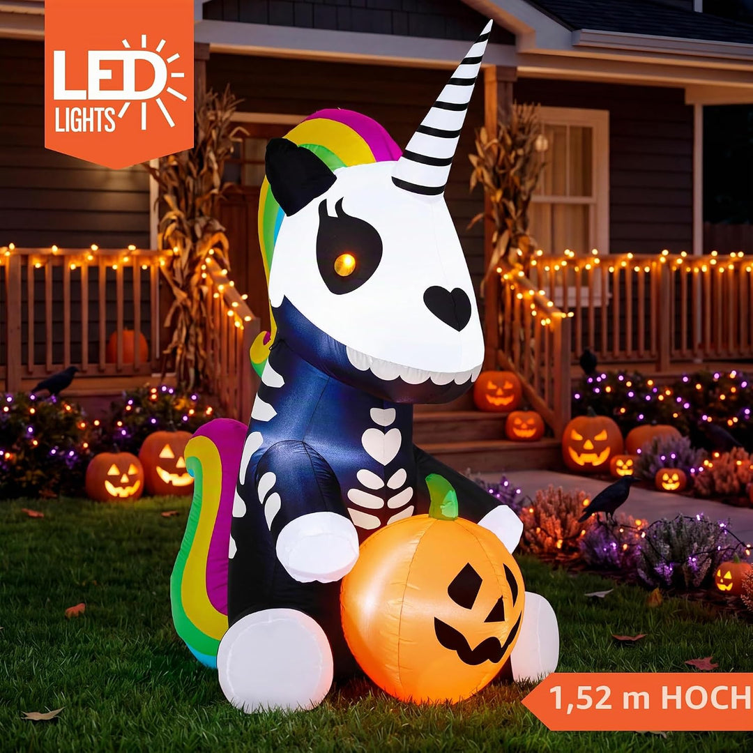 Joiedomi Aufblasbares Halloween-Skelett-Einhorn, 152 cm, aufblasbar, mit eingebauten LEDs, aufblasba