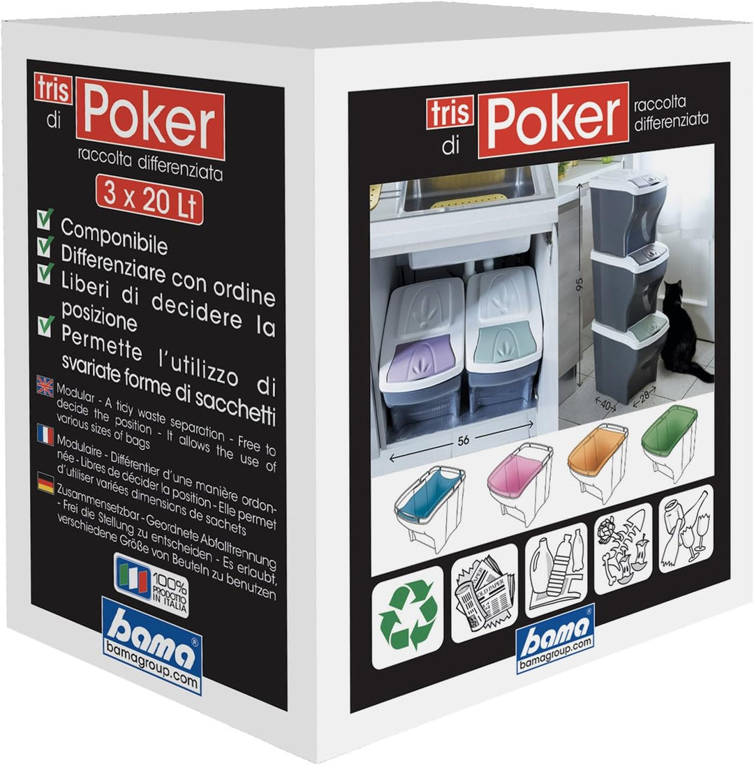 Bama Poker Tris Set Mülltonnen für die Mülltrennung, Sortiert, 28 x 40 x