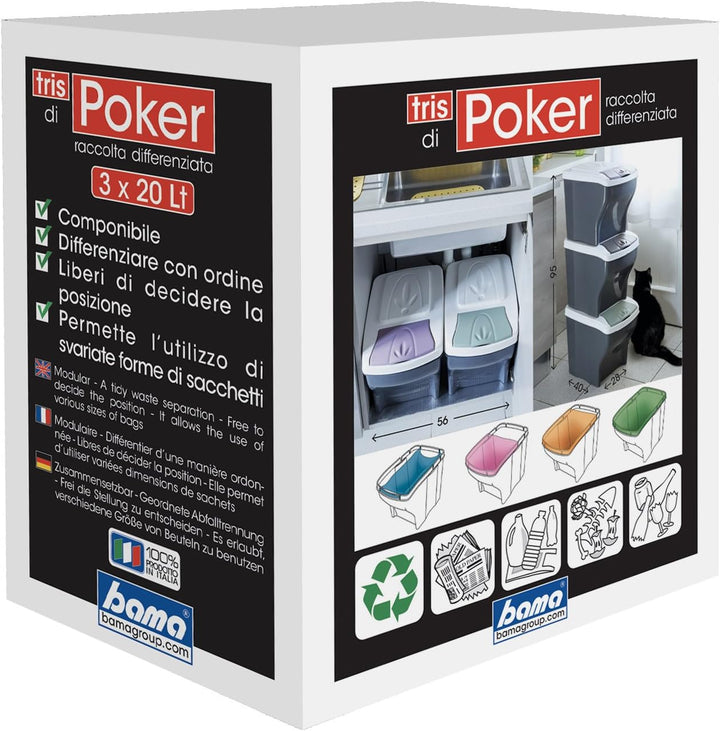 Bama Poker Tris Set Mülltonnen für die Mülltrennung, Sortiert, 28 x 40 x