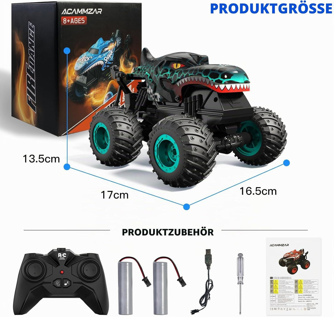 ACAMMZAR Ferngesteuertes Auto Dinosaurier, 2.4GHz 20+km/h Ferngesteuertes RC Monster Truck mit 2 Akk