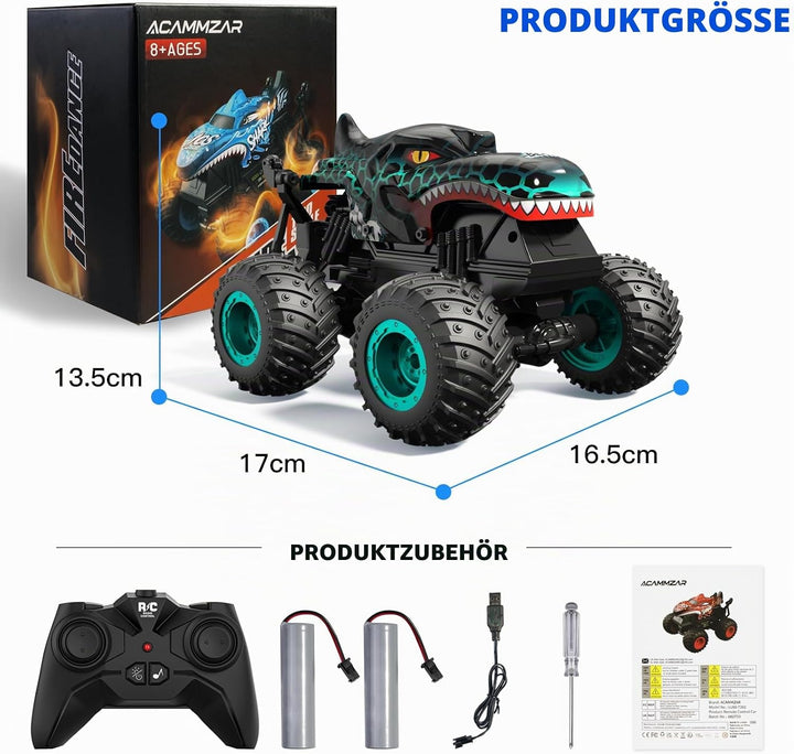 ACAMMZAR Ferngesteuertes Auto Dinosaurier, 2.4GHz 20+km/h Ferngesteuertes RC Monster Truck mit 2 Akk