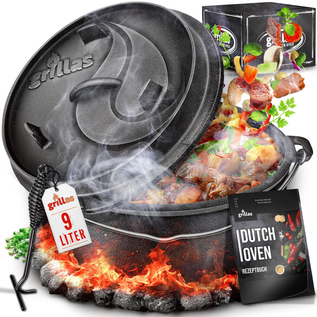 grillas Dutch Oven Set inkl. Rezeptideen | bereits eingebrannt - preseasoned | Feuertopf Gusseisen I