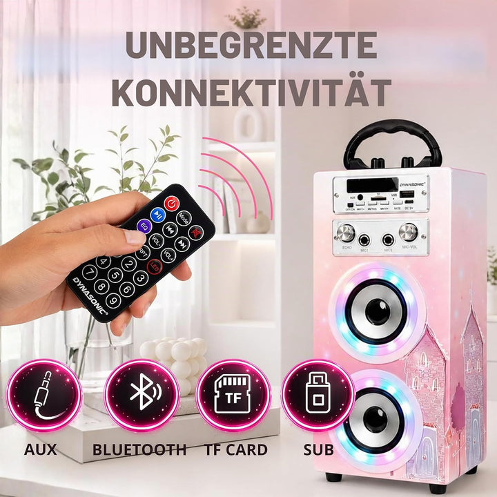DYNASONIC Karaoke mit 2 Mikrofonen, tragbarer Karaoke-Maschine, Bluetooth-Lautsprecher, USB- und SD-