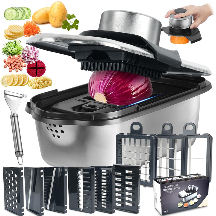 Dicer Smart 9-in-1, Edelstahl Gemüseschneider Und Mandoline Gemüsehobel Set (11 Teile), Julienne- un