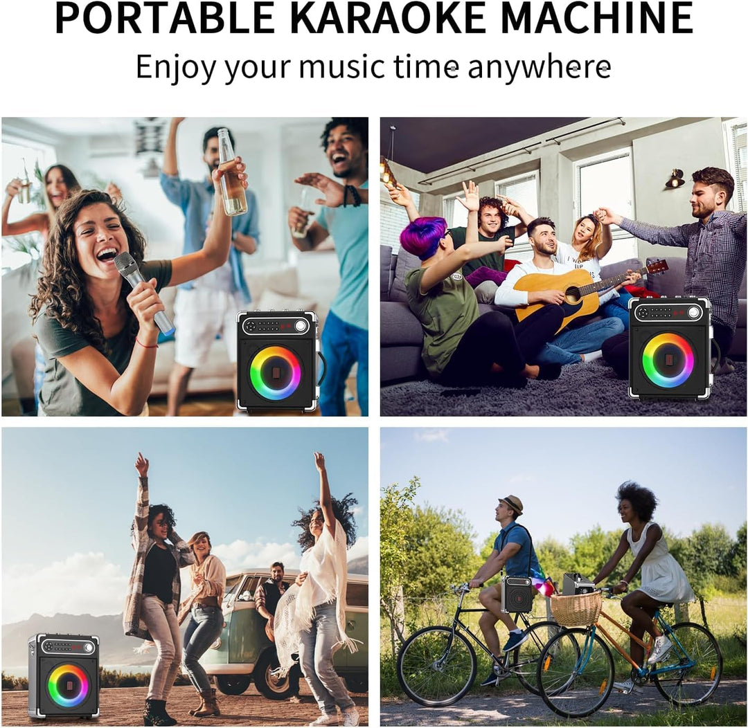 Karaoke Anlage mit 2 Mikrofonen, Tragbarer Kabelloser Lautsprecher Party Musik Box mit LED-Leuchten,