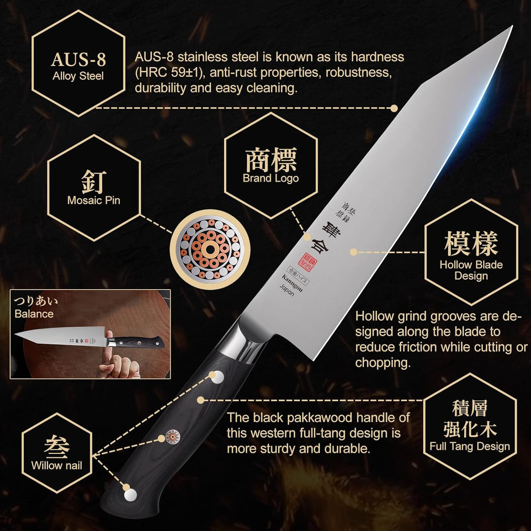 kanngou Classic. Japanisches Messer aus AUS-8 Stahl mit Kompletter Räuchergriff (Kiritsuke Knife, 21