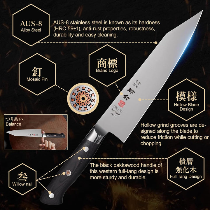 kanngou Classic. Japanisches Messer aus AUS-8 Stahl mit Kompletter Räuchergriff (Kiritsuke Knife, 21