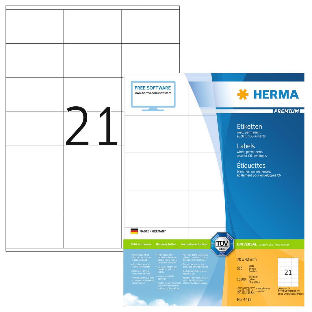 HERMA 4415 Adressetiketten, 500 Blatt, 70 x 42 mm, 21 Stück pro A4 Bogen, 10500 Aufkleber, selbstkle