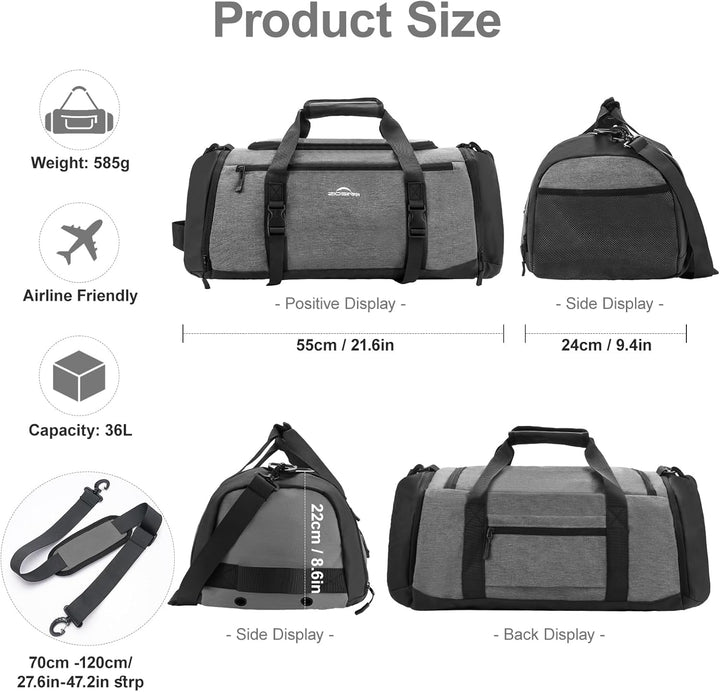 Sporttasche Herren + Rucksack-Funktion, 36L Reisetasche Damen, Sporttasche Damen mit Schuhfach, Nass
