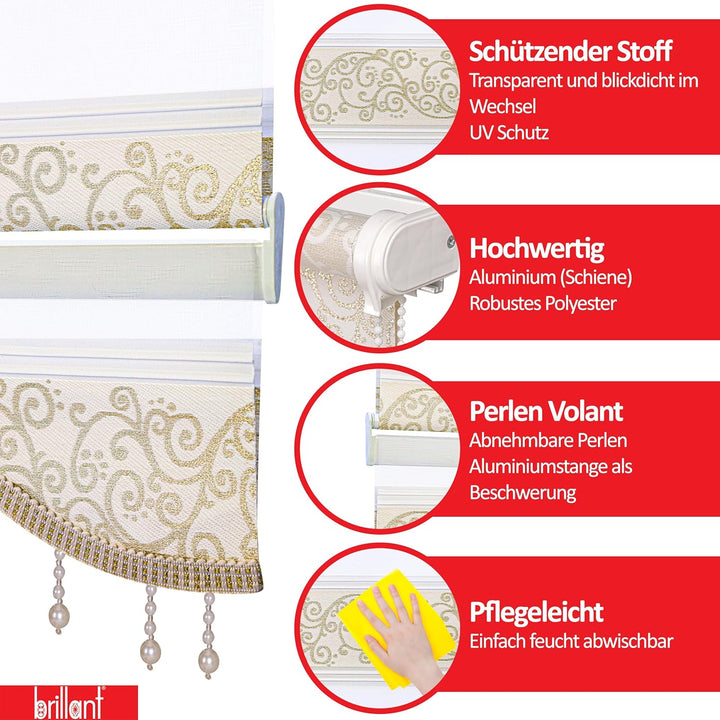 Brillant Doppelrollo Klemmfix ohne Bohren Gold Beige 200 x 70 cm (Länge x Breite) Duorollo Blickdich