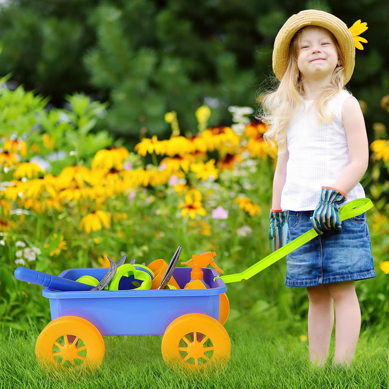 deAO Gartenset mit Schubkarre Kinder, Schaufel, Rechen, Blumentöpfe, Giesskanne Usw, 14Pcs Kinder Ga