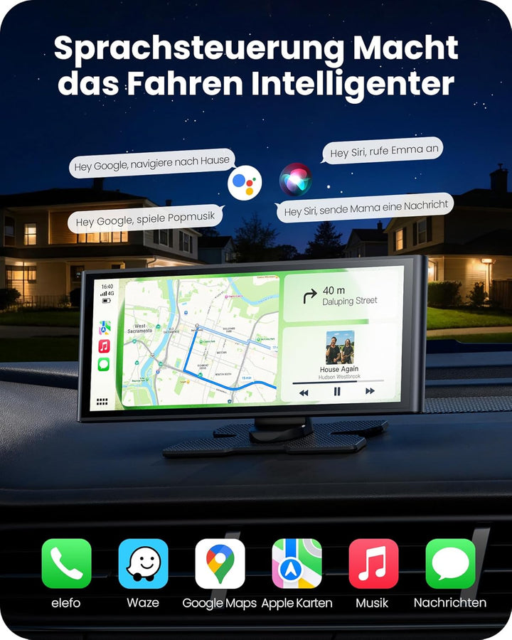 9,26" Wireless Car Play Display für Apple CarPlay & Android Auto – Tragbares Auto-Display mit Rückfa