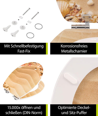 'aquaSu® WC-Sitz mit Absenkautomatik, Maritim Dekor Muschelsucher, High Gloss Toilettensitz mit Holz
