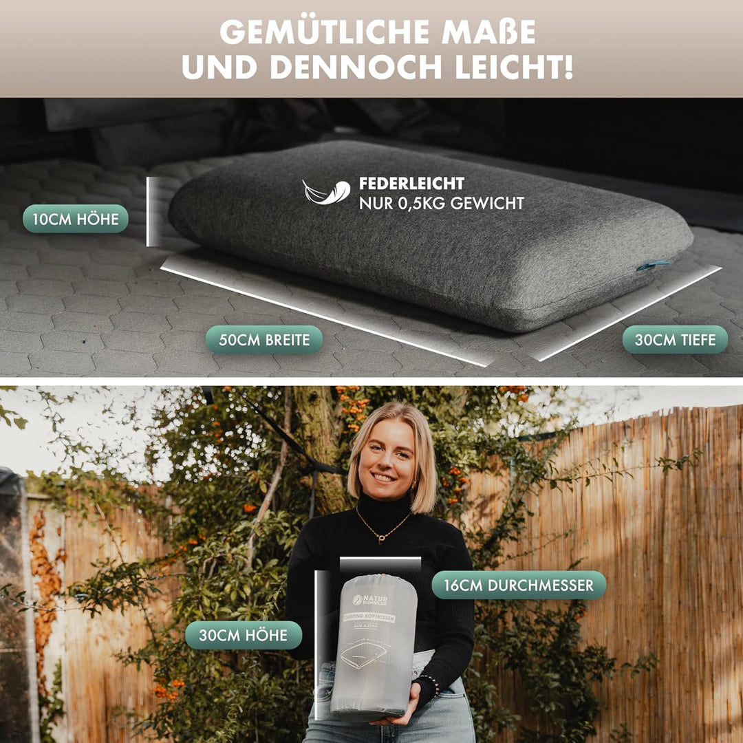 NATURBUMMLER Reisekissen Memory Foam [SafeSleep+] Kleines Campingkissen (50x30x10cm) – waschbar &amp; ko