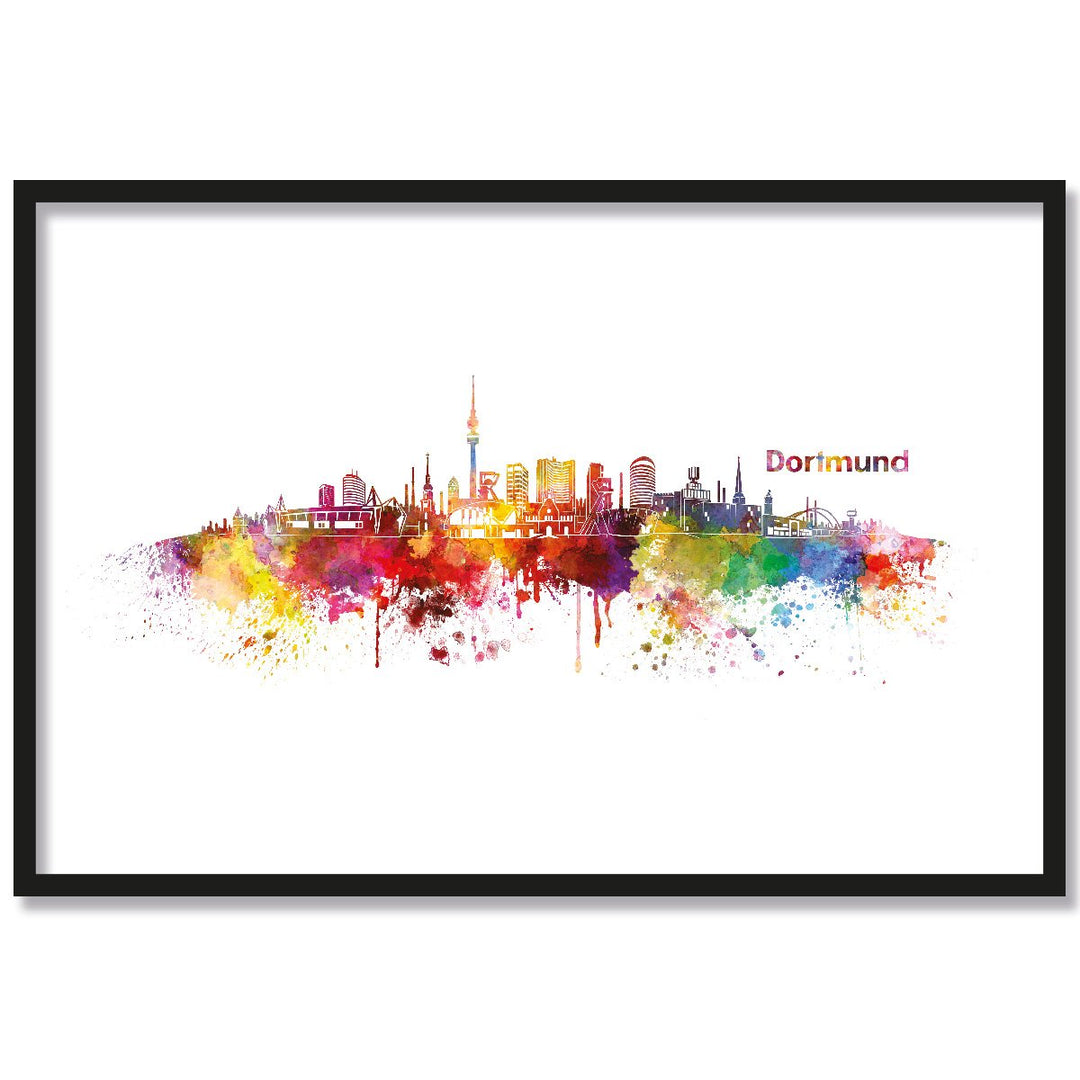 JUNIWORDS Poster mit/ohne Holzrahmen, Wähle ein Motiv, Aquarell Skyline Dortmund, Wähle eine Grösse,