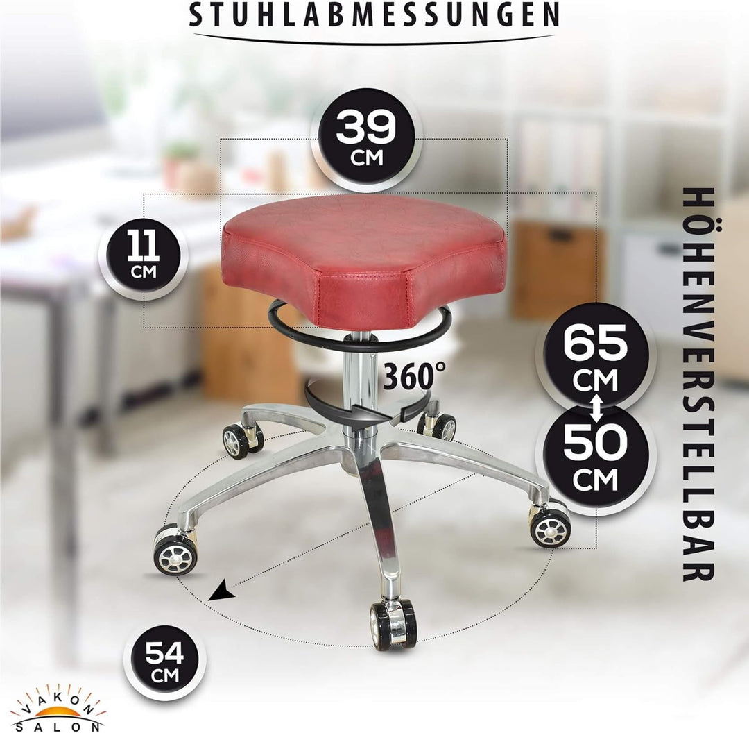 Design ergonomischer Rollhocker auf Rollen Rot - Höhenverstellbarer von 50 bis 65 cm - Drehhocker Ar