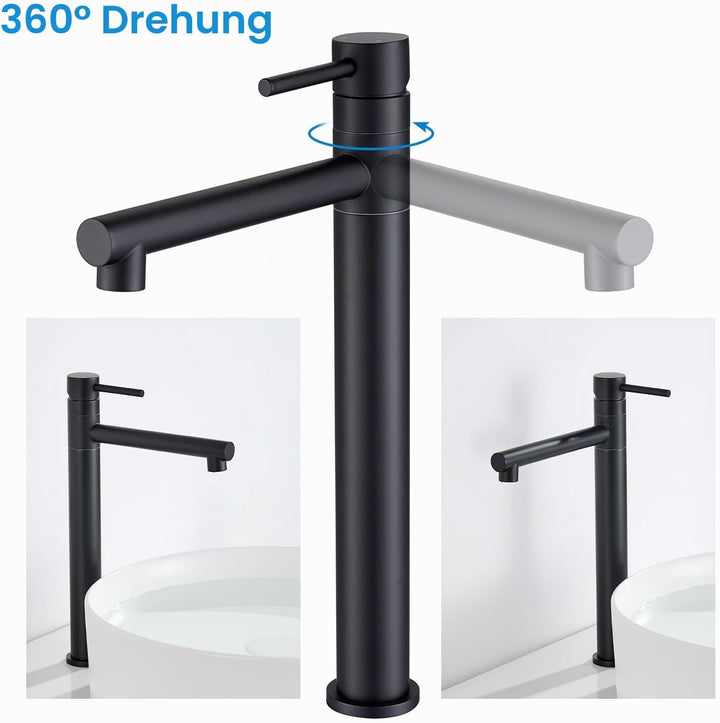 Waschtischarmatur Hoch, Wasserhahn Bad Schwarz Matt für Aufsatzwaschbecken, 360° Schwenkbar Armatur