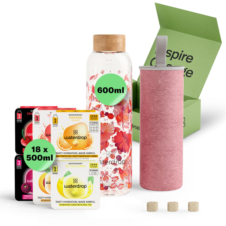 waterdrop® Flasche aus Glas 600ml inkl. 18 zuckerfreie Drops - Geschenk für Frauen - Probierpaket mi
