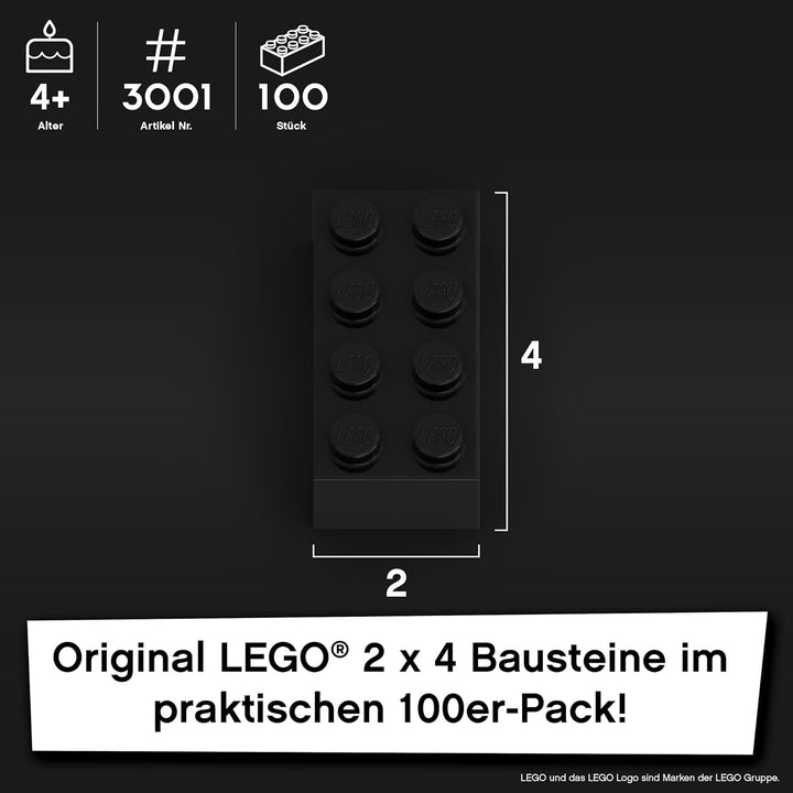 Lego Steine Classic, Schwarz, 2x4 Bausteine, 100 Stück - Einzelteile Starterset oder Erweiterung für