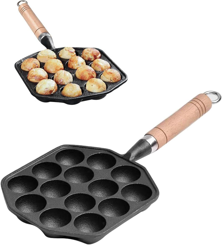 Tissting Takoyaki Pfanne Grillpfanne 14 Löcher 3,6cm Loch Antihaft Gusseisen Oktopus Pan mit Abnehmb