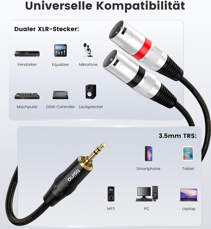 Tisino 3,5 mm auf XLR-Kabel Stereo Cable,1/8 Zoll Mini Jack auf 2 XLR,Male Y Splitter Adapterkabel,