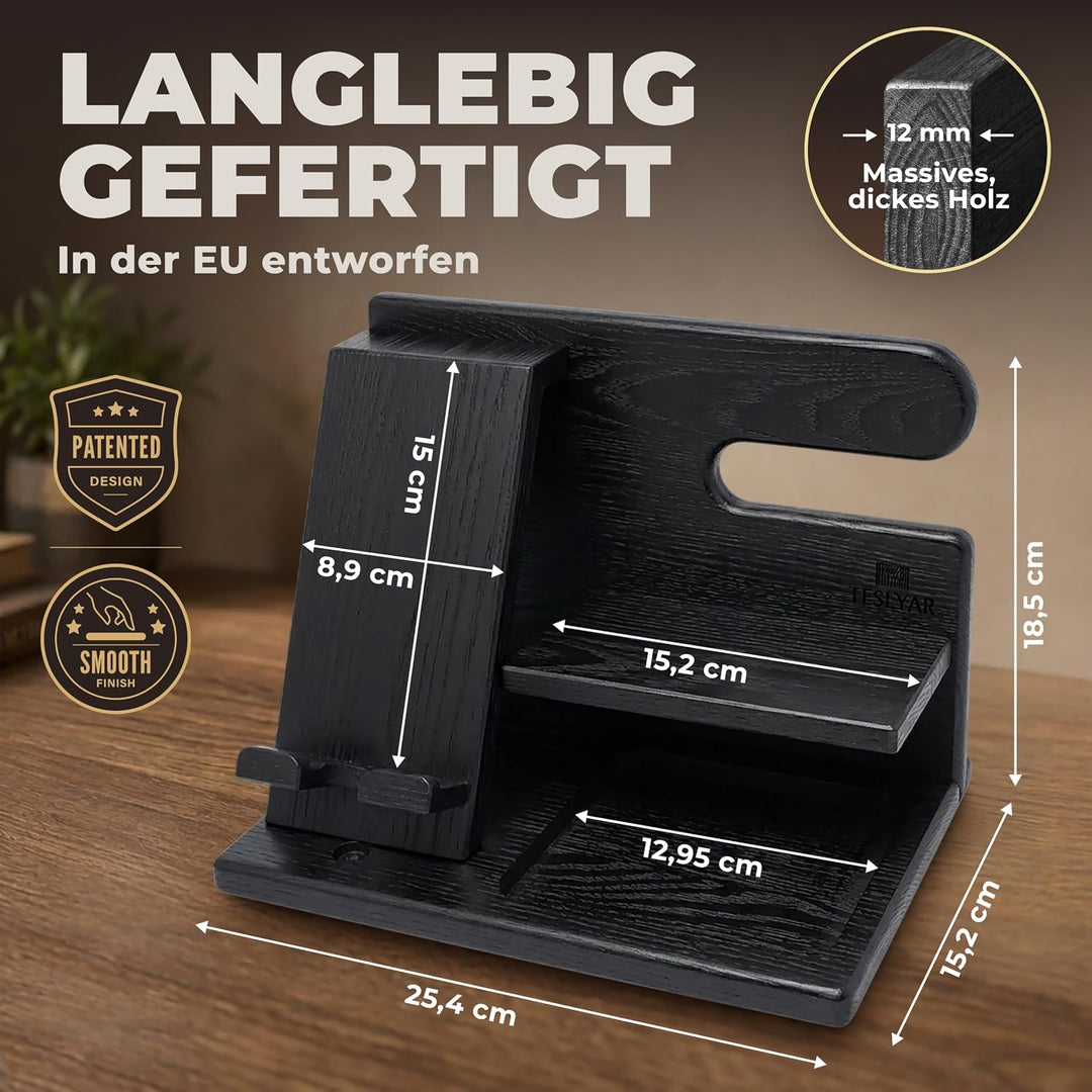 TESLYAR Holz Telefon Dockingstation Männer Esche Schwarz - Schreibtisch Organizer Holz, Handy &amp; Schl