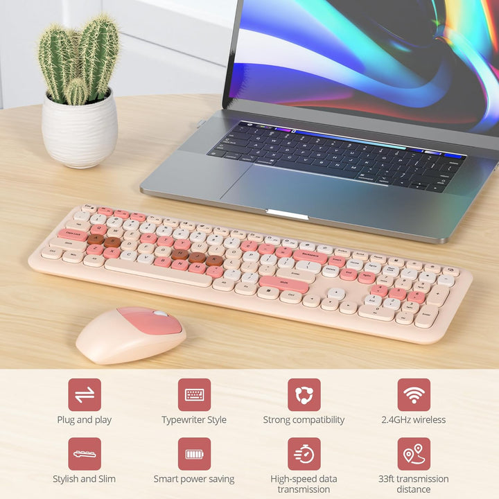 SOLIDEE Buntes kabellose Tastatur und Maus-Kombination,2.4GHz Retro Schreibmaschine Tastatur,104 Tas