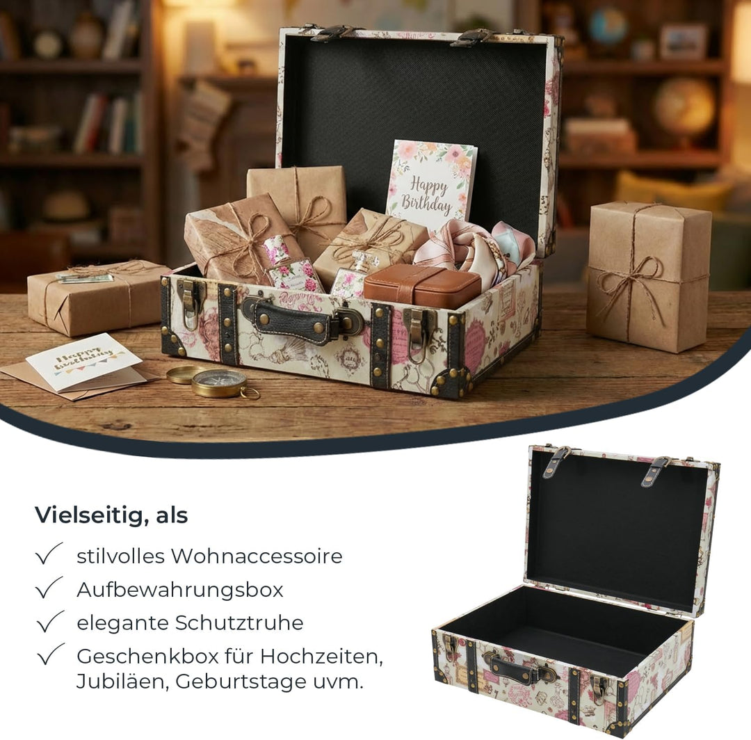 HMF Vintage Deko Koffer aus Holz, Aufbewahrungsbox mit Deckel und Ledergriff, stilvolle Aufbewahrung