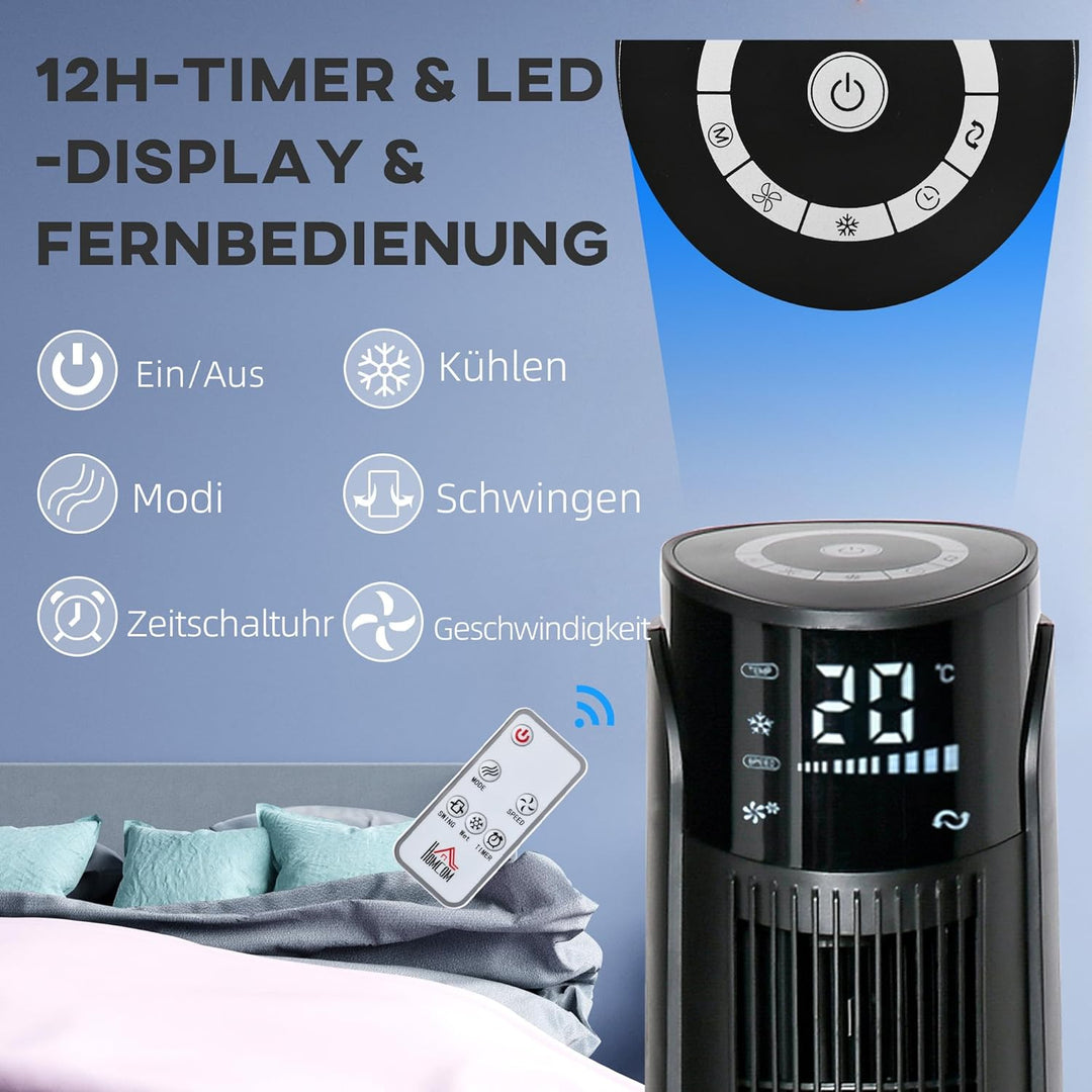 HOMCOM Luftkühler Turmventilator mit Wasserkühlung Luftbefeuchtung 60W leise Standventilator mit 12h