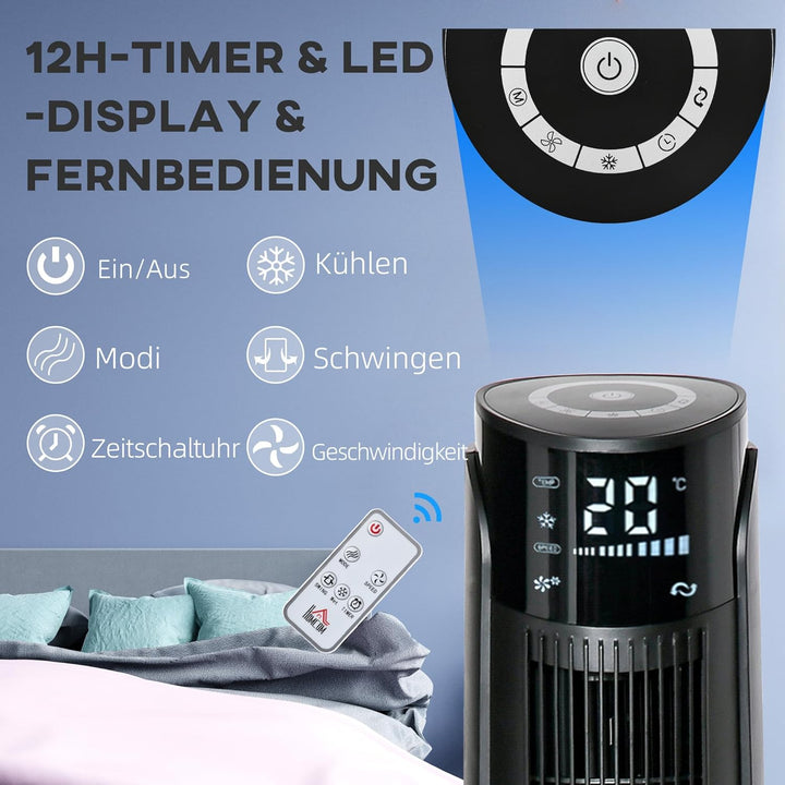 HOMCOM Luftkühler Turmventilator mit Wasserkühlung Luftbefeuchtung 60W leise Standventilator mit 12h