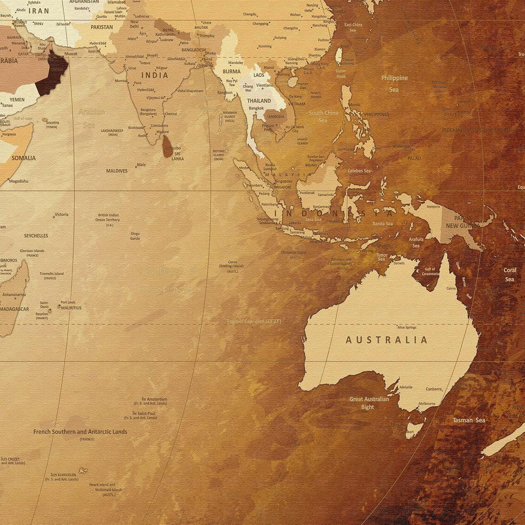 LanaKK - Weltkarte Leinwandbild „Worldmap Braun Colorful” - englisch - Kunstdruck-Pinnwand auf Echth
