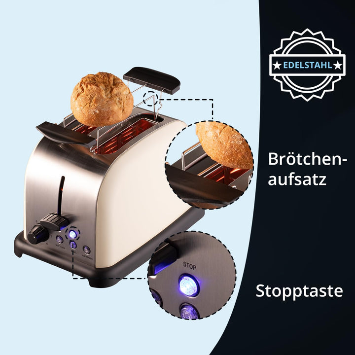 KHG Edelstahl Toaster mit Brötchenaufsatz, 2 Scheiben, 6 Bräunungsstufen mit Bräunungskontrolle, Krü