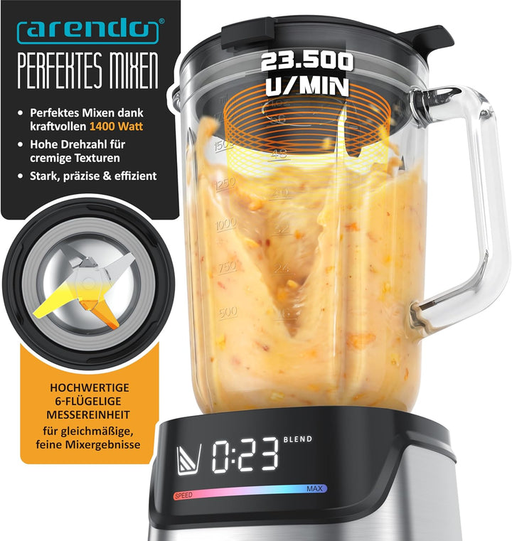 Arendo – Standmixer Glas 1400 W – Hochleistungsmixer - 1,7 L Fassungsvermögen – Mixbehälter aus Glas