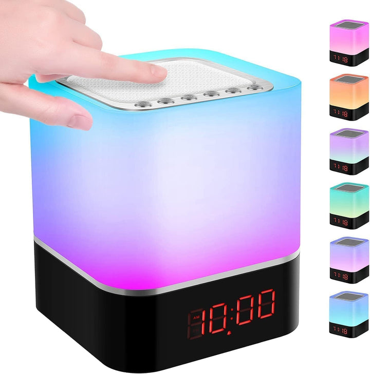 Bluetooth-Lautsprecher Wecker für Schlafzimmer, 5-in-1 dimmbare Touch-Nachttischlampe mit 7 RGB Farb