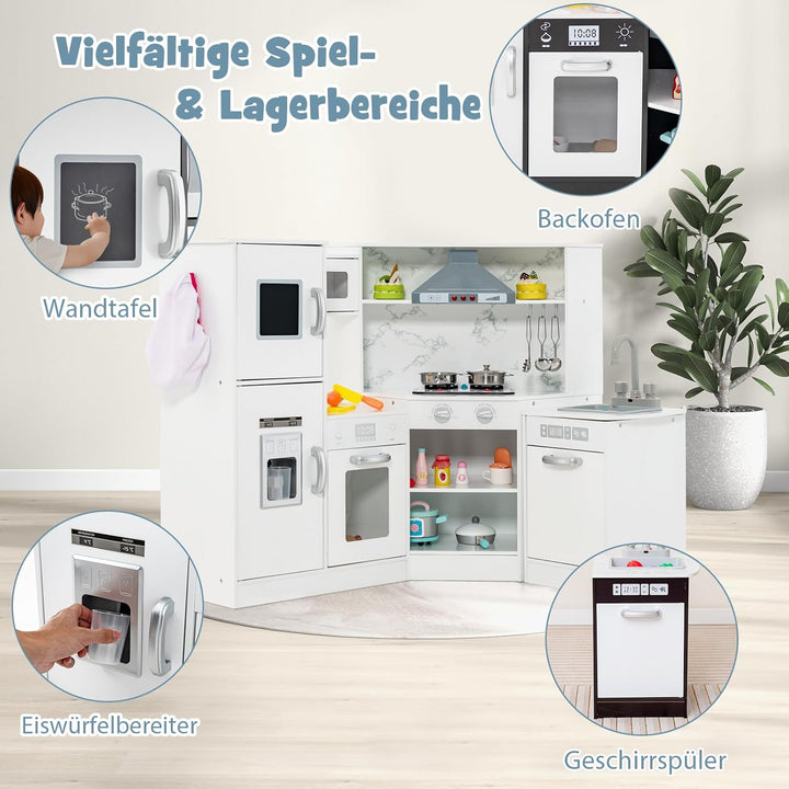DREAMADE Kinderküche aus Holz mit 16 TLG. Spielzubehör, Kinder Küche Eckküche mit Tafel Herd Spüle B