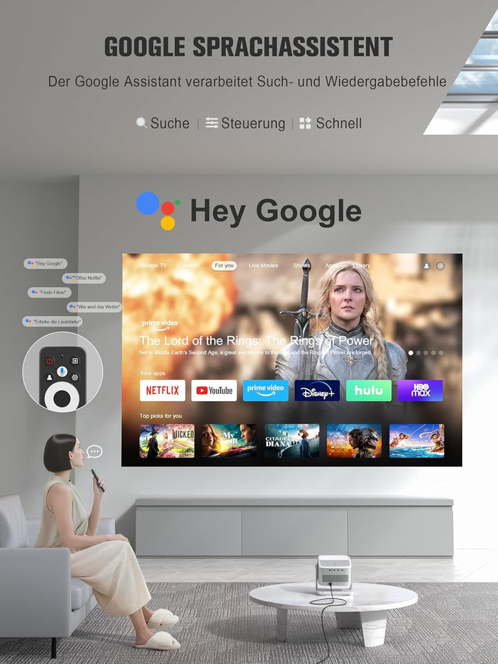 【Google TV/Netflix Offiziell】 Smart Beamer 4K Heimkino, VOPLLS 1200ANSI Projektor mit Autofokus ＆ Tr