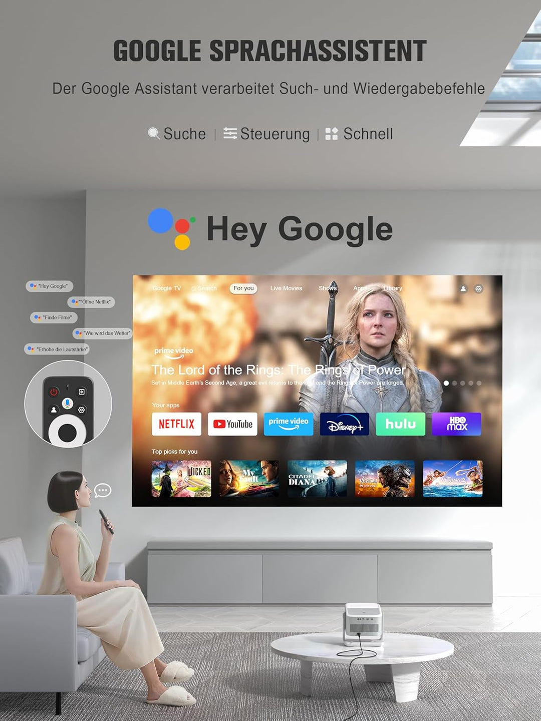 Smart Beamer【Google TV/Offizielle App】 VOPLLS Beamer 4K Heimkino 1200ANSI mit Autofokus ＆ Trapezkorr