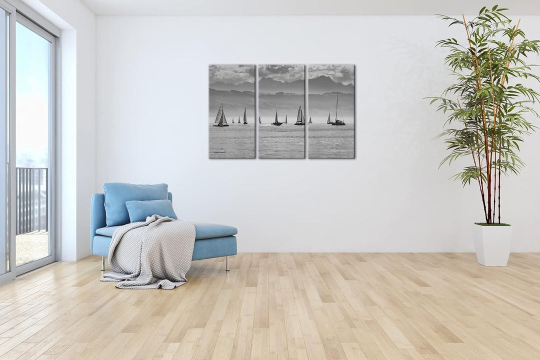 deyoli Meer voller Segelboote Format: 3Teilig als Leinwand, Effekt: Schwarz&Weiss, Motiv fertig gera