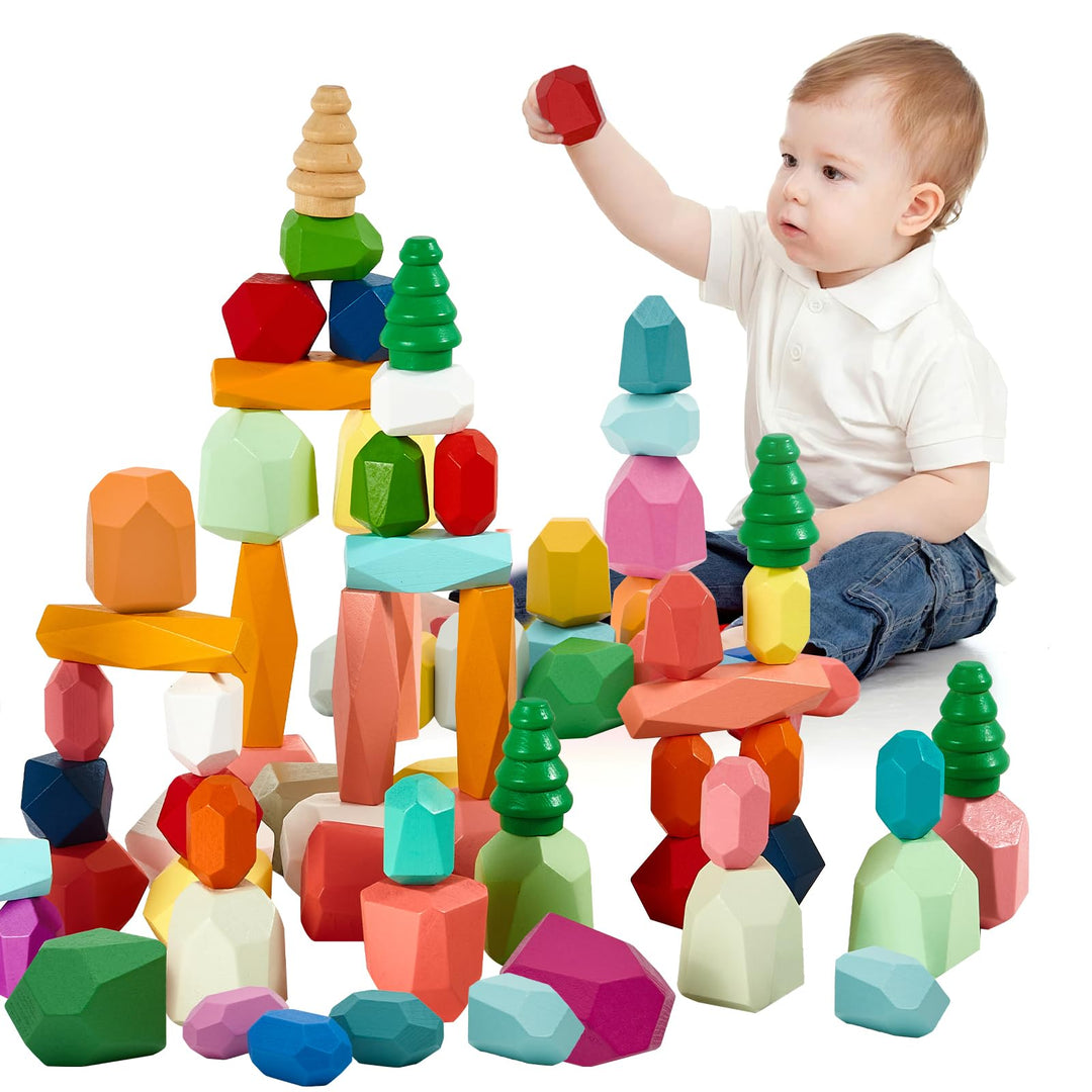 RunHero 58 Stück Stapelsteine Balanciersteine Montessori Holz Bauklötze Spielzeug für Kinder Stapelt