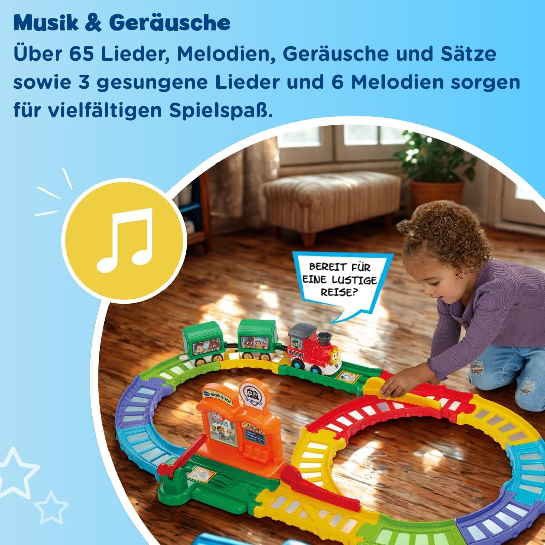 VTech TUT TUT Baby Flitzer Kleiner Bahnhof – Interaktives Spielset mit Zug, Schranke, Weichen & Magi