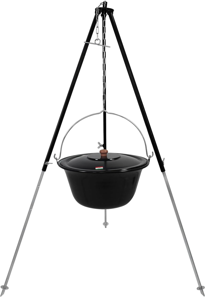 GRILLPLANET Original ungarischer Gulaschkessel 15 Liter emailliert | Dreibein-Gestell 130cm Teleskop