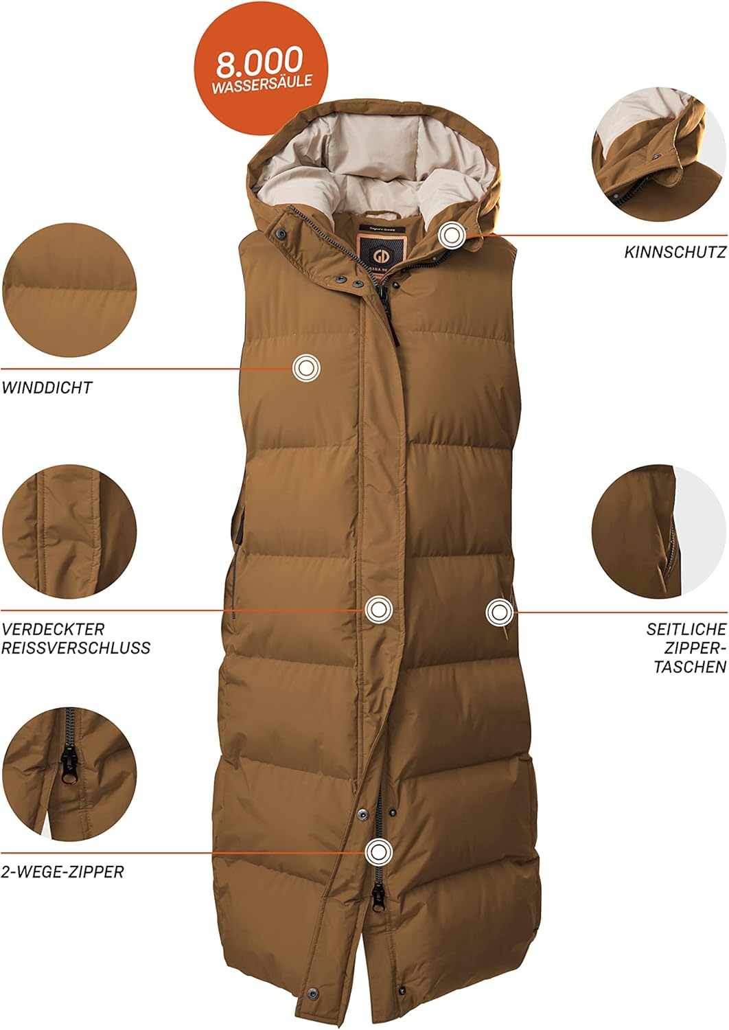 G.I.G.A. DX Damen Steppweste/Funktionsweste in Daunenoptik mit Kapuze 34 hellbraun, 34 hellbraun
